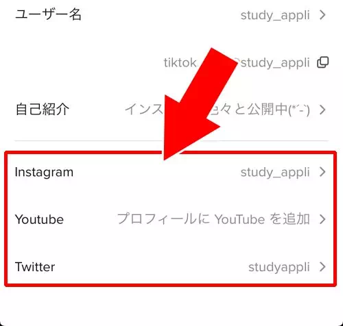 Instagram、YouTube、Twitterのリンク設定(アイコン表示)|TikTokでプロフィールの変更方法!インスタ・YouTube・Twitterのリンクを設定しよう