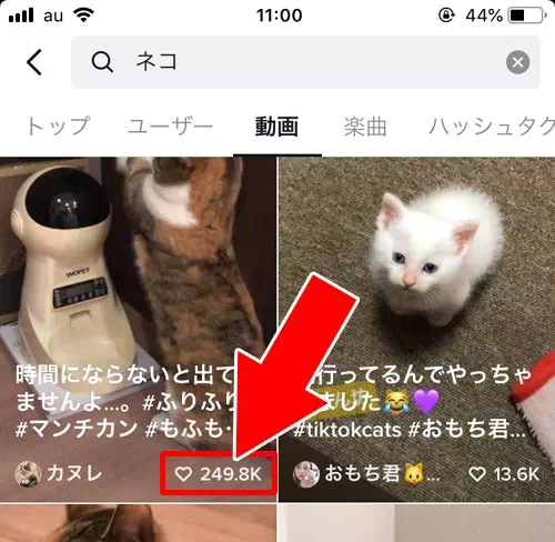 検索結果画面でもいいね数の一覧が見れる - 他人の投稿動画のいいね数を一覧で確認する｜TikTokでいいねの確認方法！自分のいいねがバレたくない時は公開設定の変更をしよう